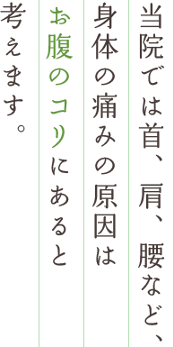 当院では首、肩、腰など、身体の痛みの原因はお腹のコリにあると考えます。